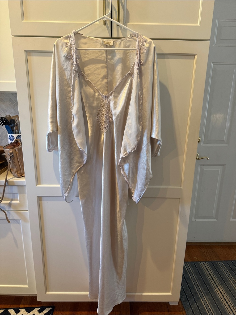 Vintage Victoria's Secret Gold Label Ivory Satin Chemise and Robe set with Lace
